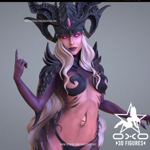 May include: A 3D printed figurine of a female figure with horns, a black and purple outfit, and a pink and black crown. The figure has a fierce expression and is posed with one hand raised. The figurine is made by DX3D Printing and is available on Patreon.
