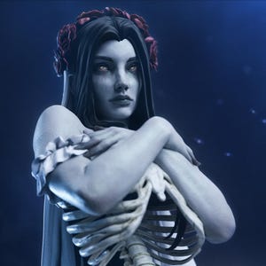 Könnte beinhalten: Digitale Kunst einer Frau mit blasser Haut, langen dunklen Haaren und einem roten Rosenkranz. Sie trägt ein weißes Kleid, und ein Skelett ist über ihrem Oberkörper sichtbar. Der Hintergrund ist dunkelblau mit subtilen Lichteffekten.