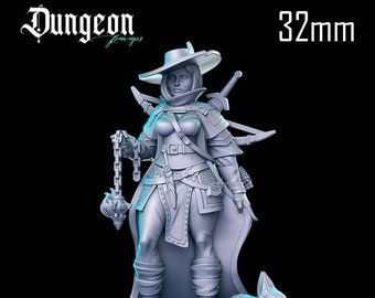 May include: A gray 32mm miniature figurine of a female character wearing a cloak, hat, and holding a chain with a spiked ball. The character is standing on a round base with a small gray rabbit figurine beside her.