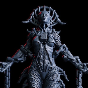 Peut inclure: Une figurine miniature grise et détaillée représentant une figure féminine à l'apparence squelettique, portant des chaînes et debout sur une base avec des pointes. La figure porte une couronne d'épines et a un visage squelettique. La miniature est intitulée "Temptress Of Agony" et "Medium - 25 mm base".