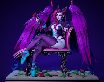 May include: A purple and pink winged demon figure with horns sits on a pink throne holding a rose. The figure is wearing a black and purple outfit with a corset and thigh-high boots. The throne is decorated with ornate carvings and is set on a stone base with a green grass patch and red roses.