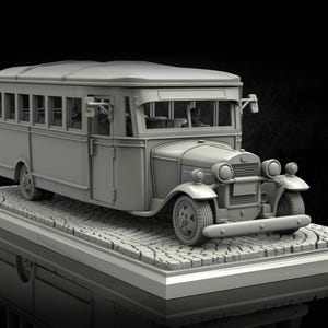 Puede incluir: Modelo en escala de grises de un autobús antiguo, que muestra un diseño clásico con una parte delantera redondeada, faros y un compartimento de pasajeros detallado. El autobús está sobre una base de adoquines, con fondo negro.