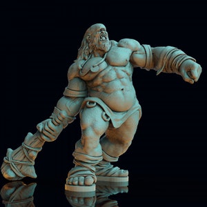 May include: A gray, detailed miniature figurine of a large, muscular, bare-chested, male figure with a beard and long hair. The figure is holding a club in his right hand and is in a fighting stance.