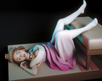 May include: A pink and white dress with a gold crown and a white collar. The dress is draped over a white stool. The model is laying on a tan surface.