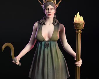 Puede incluir: Estatua detallada de una mujer con corona dorada y vestido verde fluido. Sostiene una antorcha dorada con llama y una hoz curva. La estatua tiene una expresión serena, sobre un fondo oscuro.