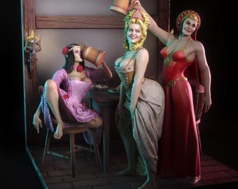 May include: Three women in colorful costumes are gathered around a table, drinking from tankards. The woman on the left is wearing a pink dress with a red bodice, the woman in the center is wearing a white dress with a gold bodice, and the woman on the right is wearing a red dress with gold accents. The scene is set in a tavern or pub.