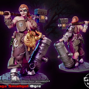 May include: A 3D printed miniature of an ogre warrior holding a cannon and a hammer. The miniature is painted in a variety of colours, including brown, green, and gold. The miniature is designed for tabletop gaming and is presupported for easy printing.