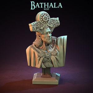 May include: A detailed bust of a figure with long hair, a beard, and a decorative headdress. The bust is light-colored and stands on a rectangular base. The text "BATHALA BUST" is at the top, with "CLAY CYANIDE MINIATURES NOVEMBER 2021" at the top left.