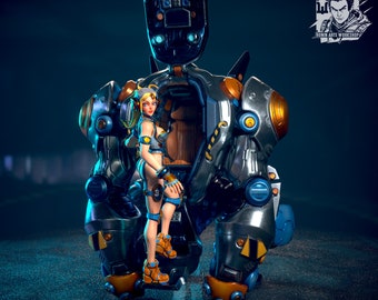 May include: A female action figure in a blue and yellow outfit stands in the cockpit of a large, silver and gold robot. The robot has a blue and yellow color scheme and is standing on a dark gray surface.