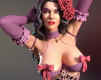May include: A close-up of a woman's bust sculpted in pink and white. She is wearing a pink and white corset with a lace design and a pink bow on each side. She has long dark hair and is wearing a pink flower in her hair. The sculpture is made of resin and is approximately 10 inches tall.