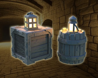 Crate and Barrel with Lantern light up LED Resin Miniature Terrain | Fantasy LED Vol 1 Collection | Moonshine Miniatures