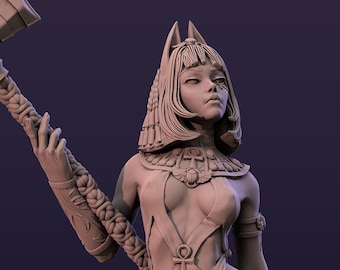 May include: A detailed 3D printed figurine of a woman with a cat-like head, wearing a decorative necklace and holding a staff. The figurine is painted in a light brown color.
