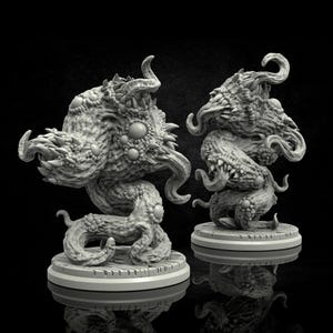 May include: Two gray, 3D printed, detailed miniature figures of a monstrous, tentacled creature with multiple eyes. The creature has a twisted, gnarled body with sharp teeth and a textured surface.