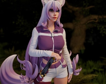 May include: A purple and white anime character with long purple hair and fox ears holds a sword. The character is wearing a purple and white jacket and white shorts. The character is standing in a forest.