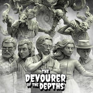 May include: A grayscale image depicting detailed figurines, with the text "THE DEVOURER OF THE DEPTHS" at the bottom. The scene includes human figures and monstrous creatures, possibly from a fantasy or horror setting.