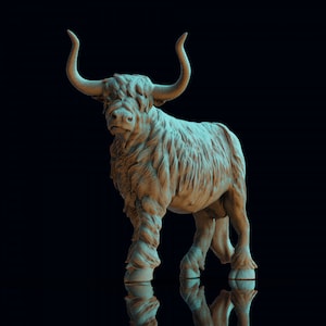 May include: A brown and white Highland cow figurine with long horns and a shaggy coat. The figurine is standing on a black surface and is facing the viewer.