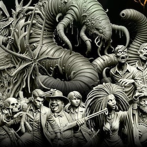 Puede incluir: Una colección de figuras en miniatura pintadas de gris, que incluyen una criatura monstruosa con tentáculos, una figura humana con un banjo y una figura humana con una calavera. Las figuras están sobre un fondo negro.