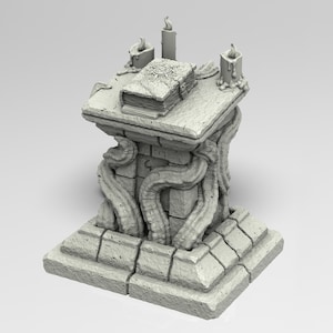 May include: A grey stone altar with a book on top and three candles. The altar is decorated with vines and has a square base.
