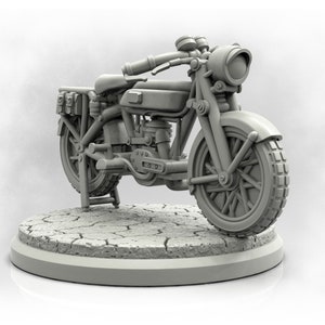 May include: A grey, detailed model of a vintage motorcycle with a sidecar. The motorcycle has a saddle seat, a large headlight, and a kickstand. The model is on a grey, textured base.
