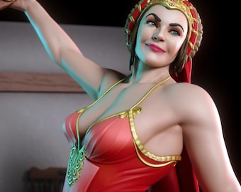 May include: A woman in a red and gold dress with a red head covering. She is smiling and looking to the right. The dress has a deep V-neckline and gold trim.