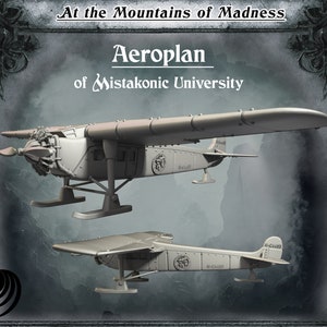 May include: A grey model of a vintage biplane, the "Aeroplan of Miskatonic University", with the text "Miskatonic" and "N-C4428" on the side. The plane has a propeller and skis.