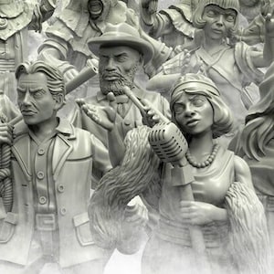 May include: A group of grey painted miniature figures, each with unique details and expressions. The figures are posed in a variety of dynamic stances, suggesting a scene of action or interaction.