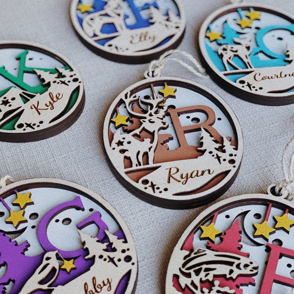 Customized and Personalized Christmas 3 layers ornament with the full A-Z alphabet and 18 woodland animals/themes