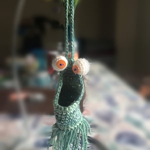 May include: A green crocheted hanging planter with white crocheted eyes and orange buttons. The planter has a fringe at the bottom.