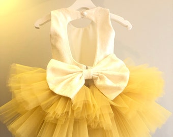 Flower girl ivory toddler dresses, Yellow ruffle skirt,ivory first birthday dress, ivory lace flower girl dress, ivory flower girl dress
