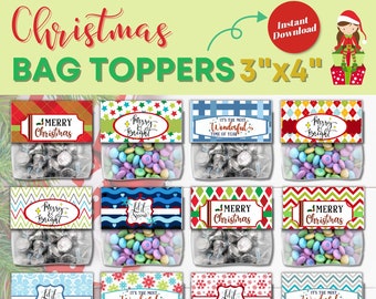 Christmas Bag Toppers 3 Inches, 12 Printable Christmas Treat Bag Toppers, Christmas Party Favor Bag Toppers, Christmas Candy Bag, Goody Bags