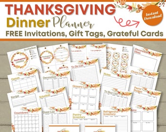 Thanksgiving Dinner Planner White Edition with Free Thanksgiving Invitations, Gift Tags & I Am Grateful For Cards, Holiday Planner Printable