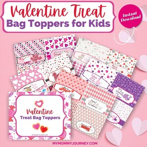 Valentine Treat Bag Toppers for Kids| Printable Valentine Favor Bag Toppers Designs| 5 Valentine Animals Designs| Classroom Valentine&#39;s Day