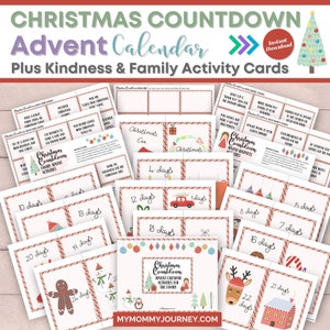 Christmas Countdown Advent Calendar for Kids with Christmas Kindness Cards and Advent Family Activity Ideas, 24 Days of Christmas Printable