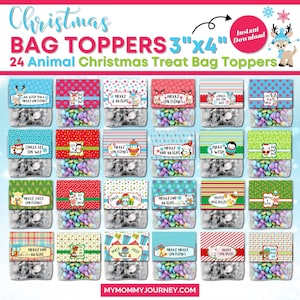 Christmas Bag Toppers 3 Inches Animals, 24 Printable Christmas Treat Bag Toppers, Christmas Party Favor Bag Toppers, Christmas Candy Bag Tag