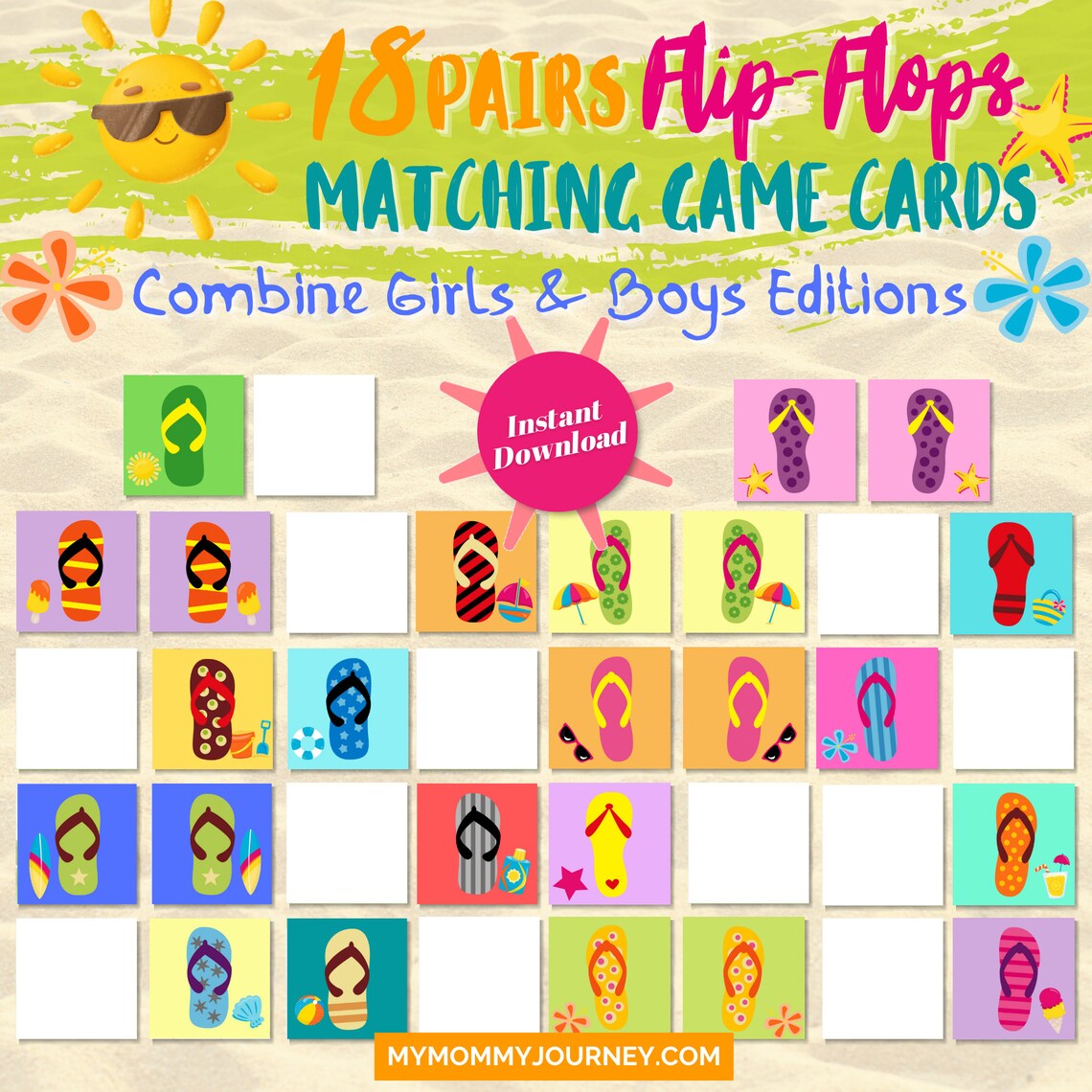 flip flops summer matching game summer memory game printable etsy