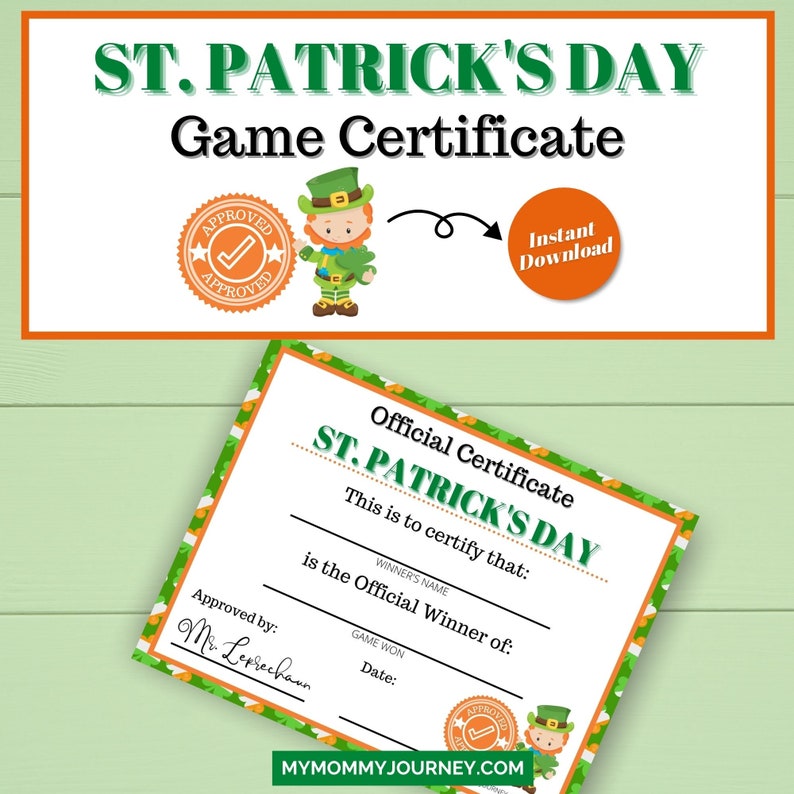 St. Patrick's Day Game Winner's Certificate, Saint Patty's Certificate ...