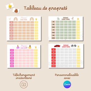 May include: Four colourful printable chore charts with the text "Tableau de propreté" and "[Prenom] Devient Propre". Each chart has a different theme: rainbow, dinosaurs, princesses, and race car. The charts are customizable and available for instant download.
