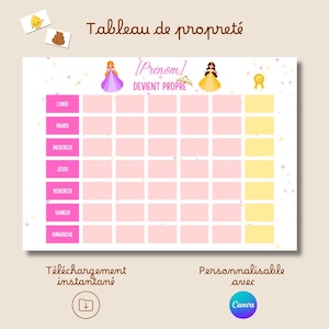 Puede incluir: Un gráfico de tareas rosa y amarillo con el texto "Tableau de propreté" y "[Prénom] DEVIENT PROPRE". El gráfico presenta ilustraciones de princesas y un logotipo de Canva. Incluye un icono de descarga.