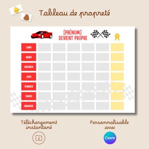 May include: A white chart with the text "Tableau de propreté" and "[PRÉNOM] DEVIENT PROPRE". It features a red race car, checkered flags, and a gold medal. The days of the week are listed in red boxes. The chart is customizable with Canva.