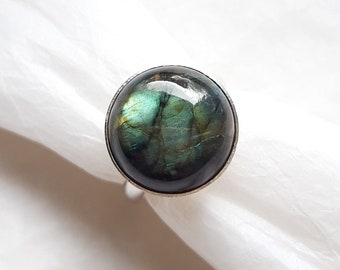 Adjustable Labradorite ring and 925 silver, 15mm cabochon, women's gift