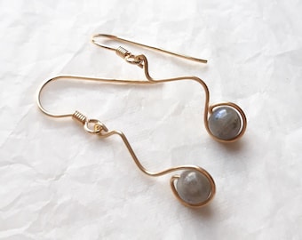 Boucles d'oreilles Labradorite pendantes, Argent 925 doré à l'Or fin et Gold Filled 12 carats, Cadeau femme