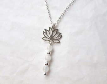 Collier Pierre de lune et Fleur de lotus argent 925, cadeau femme