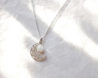 Collier Pierre de lune et Lune ethnique, argent 925, Cadeau femme