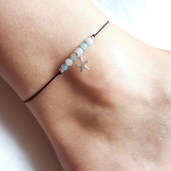 Bracelet de cheville Amazonite et étoile de mer en argent 925, Cadeau femme