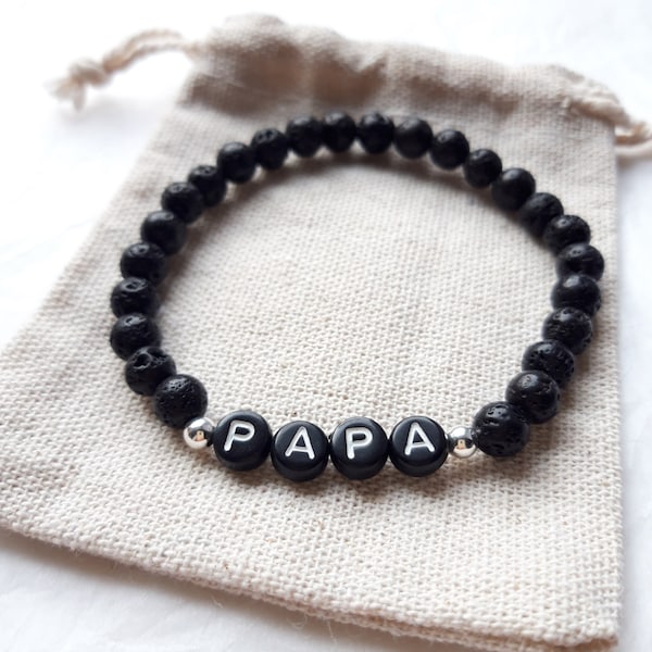 Bracelet homme personnalisable en Pierre de lave, cadeau fête des pères, papa, parrain, annonce papa, naissance