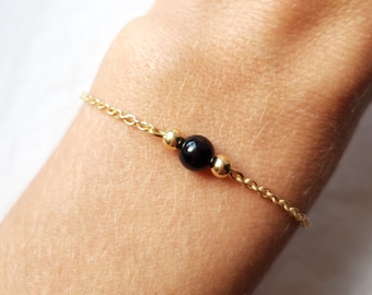 Black Obsidian natural stone bracelet and 925 silver chain gilded with fine gold, Other stones of your choice, Women's gift