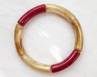 Bracelet jonc en perles tubes incurvés en acrylique Marron doré / Rouge bordeaux, cadeau femme