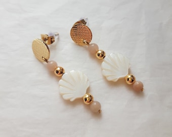 Dangling mother-of-pearl shell and sunstone earrings, gold stainless steel, summer vacation beach shell earrings