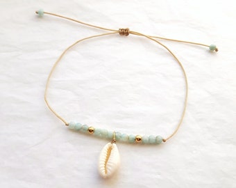 Bracelet de cheville coquillage cauri naturel et perles amazonite, bracelet de cheville artisanal été plage vacances