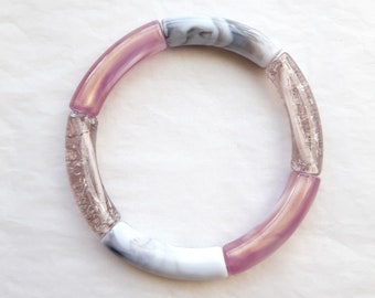 Bracelet jonc en perles tubes incurvés en acrylique Rose doré / Blanc-Gris marbré / Gris craquelé, cadeau femme